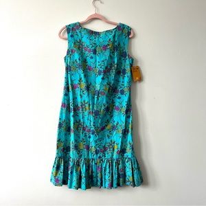 Vintage Cornflower Blue Dress, Drop Waist Dress, Sheath Style, Floral Print, M